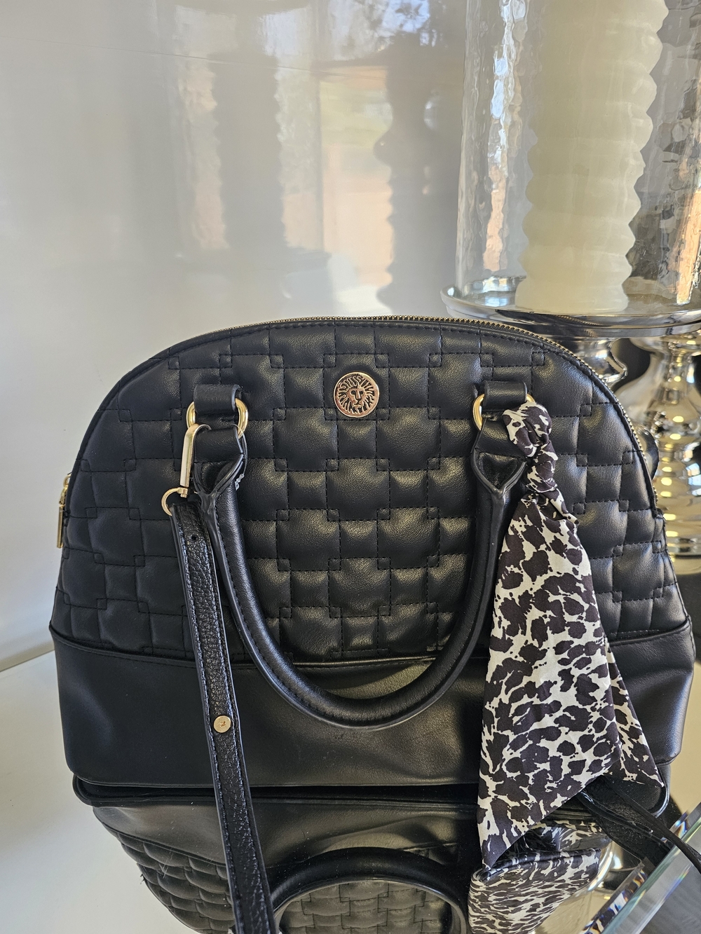 Anne Klein Black Quilted Dome Satchel with Scarf Accent